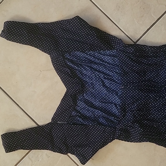 Vintage Navy Polka Dot V-neck Back Cut Out Strap Front Split Dress SZ 7/8 - Picture 14 of 16